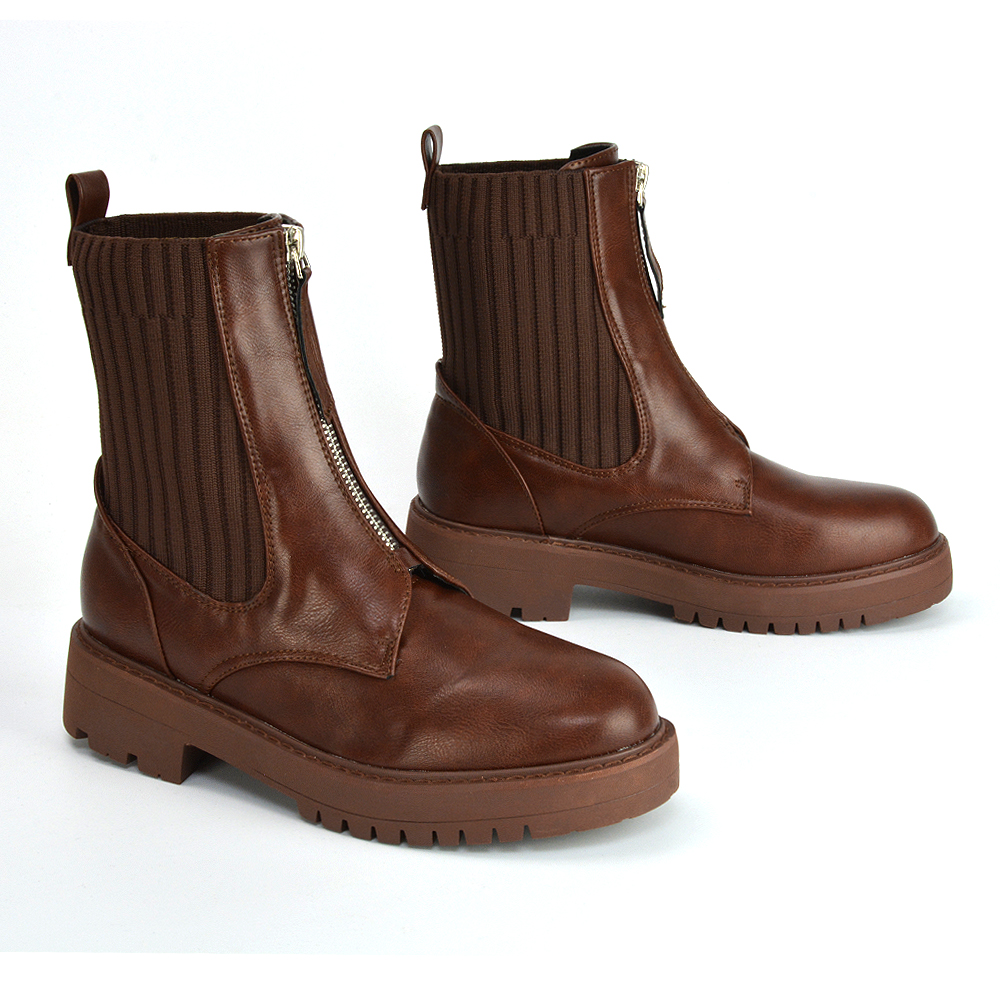 Nala Front Zip Up Chunky Sole Flat Biker Knitted Sock Ankle Boots In Brown Synthetic Leather