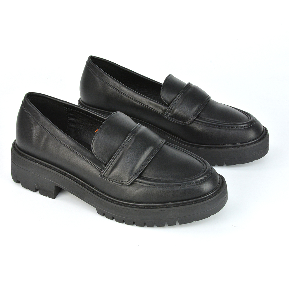 Kourtney Chunky Sole Slip On School Shoes Smart Flat Loafers In Black Synthetic Leather