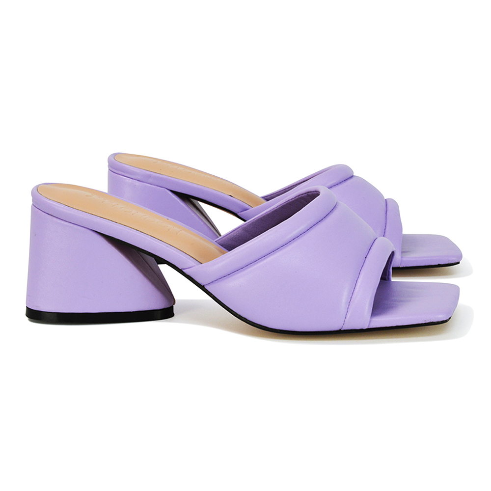 Talliah Square Toe Sculptured Flared Mid-Block Heel Mules In Lilac Synthetic Leather