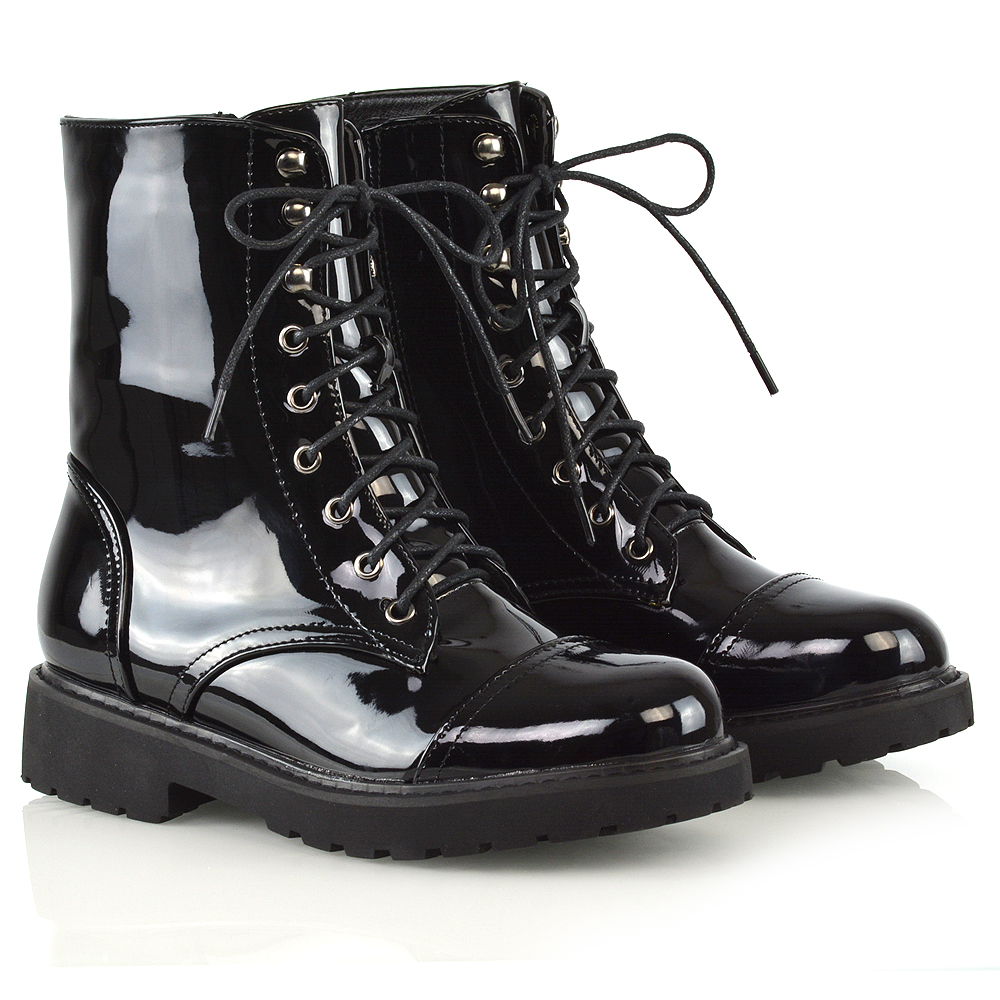 River Lace Up Military Combat Zip-Up Flat Ankle Biker Boots In Black Croc