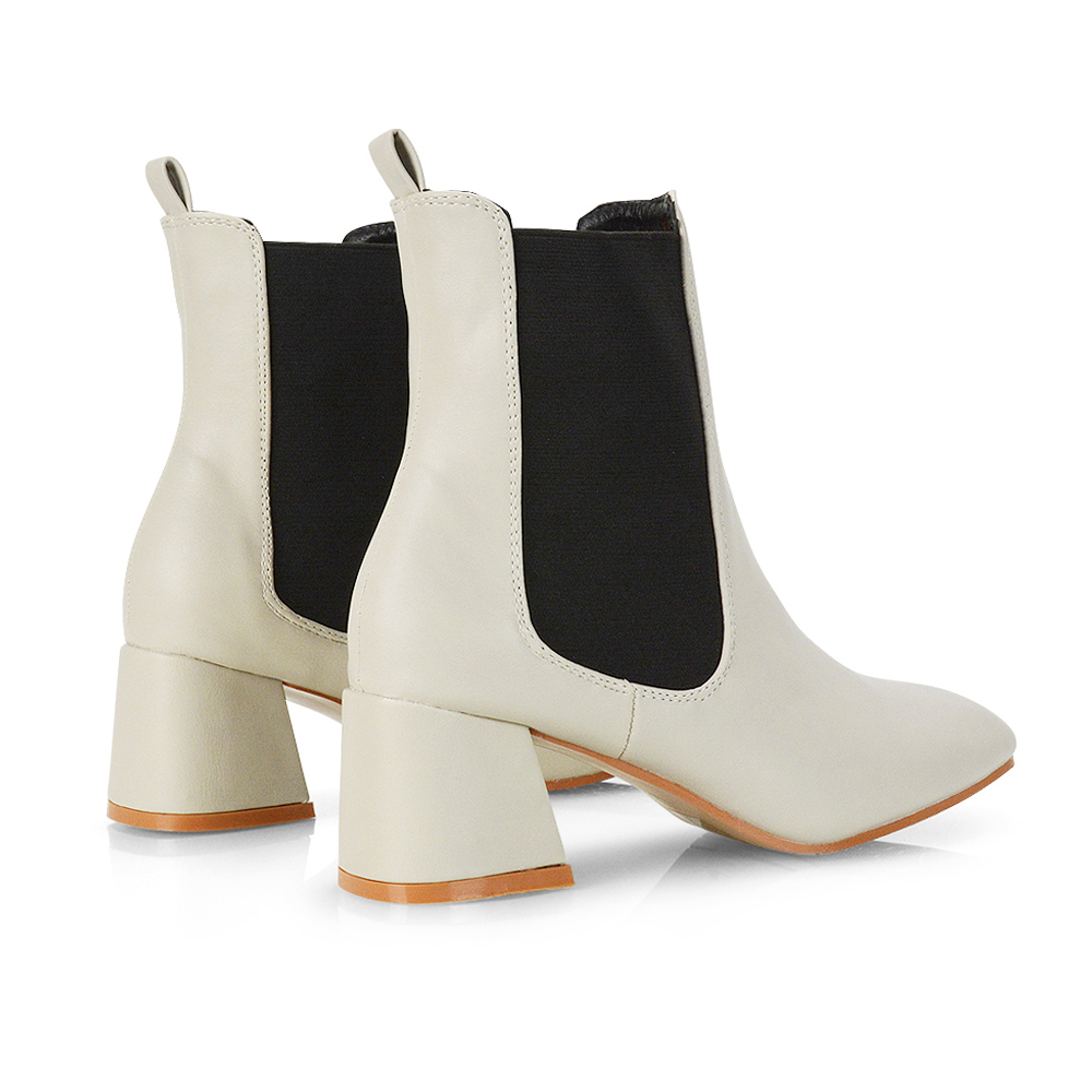 Anabella Square Toe Slip On Elasticated Mid-Block Heel Chelsea Ankle Boots In Stone