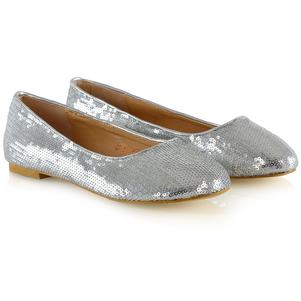 Marley Flat Sparkly Slip On Bridal Wedding Ballerina Pump Shoes In Silver Sequin