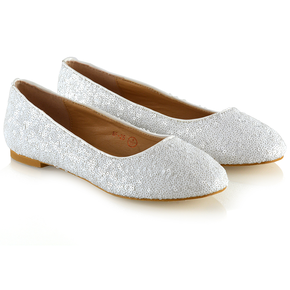 Marley Flat Sparkly Slip On Bridal Wedding Ballerina Pump Shoes In White Sequin