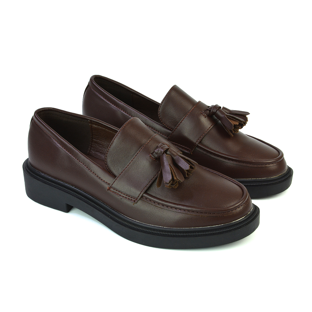Alida Chunky Loafers Tassel Back To School Flat Shoes In Brown Synthetic Leather