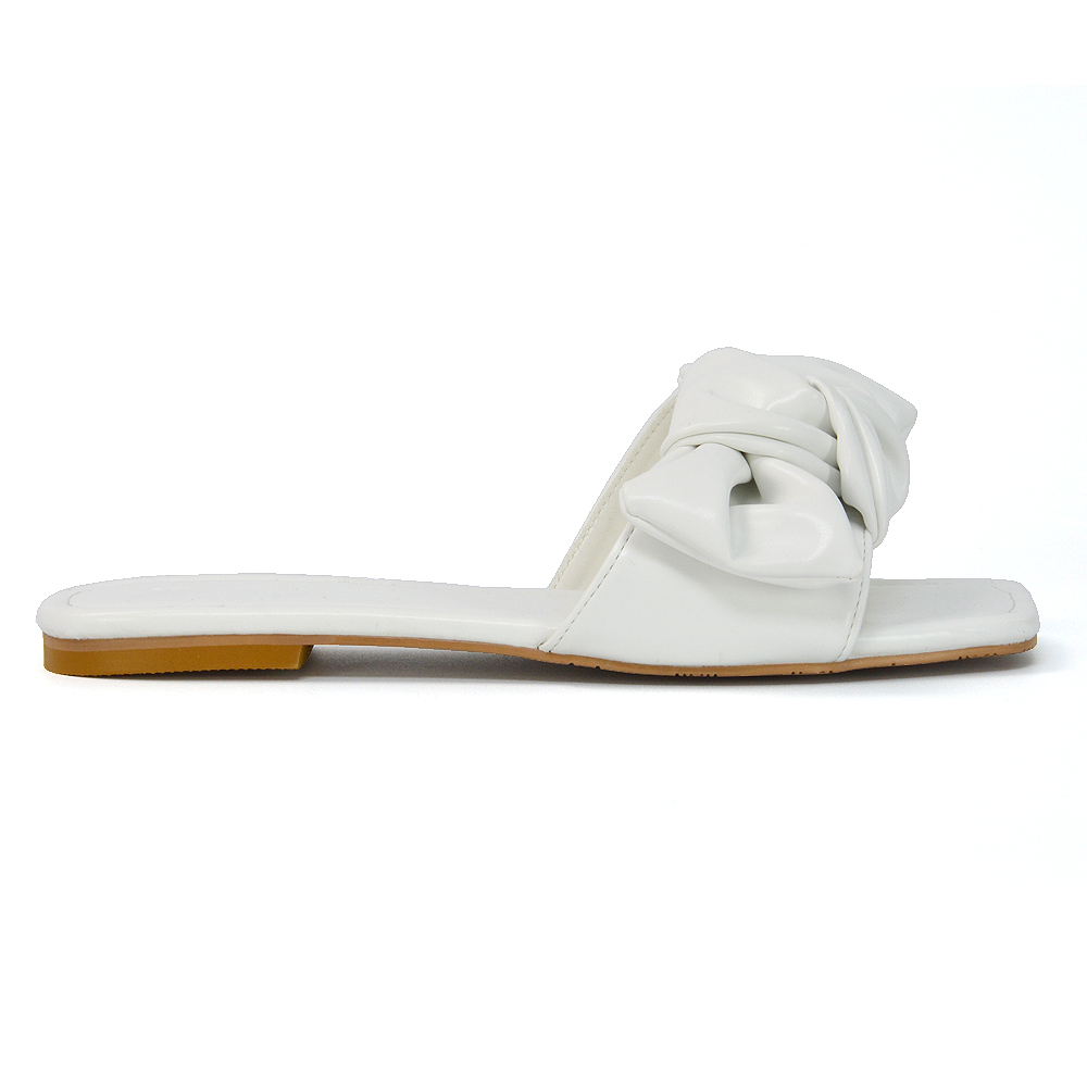 Kallie Flat Bow Detail Square Toe Summer Slider Sandals In White Synthetic Leather