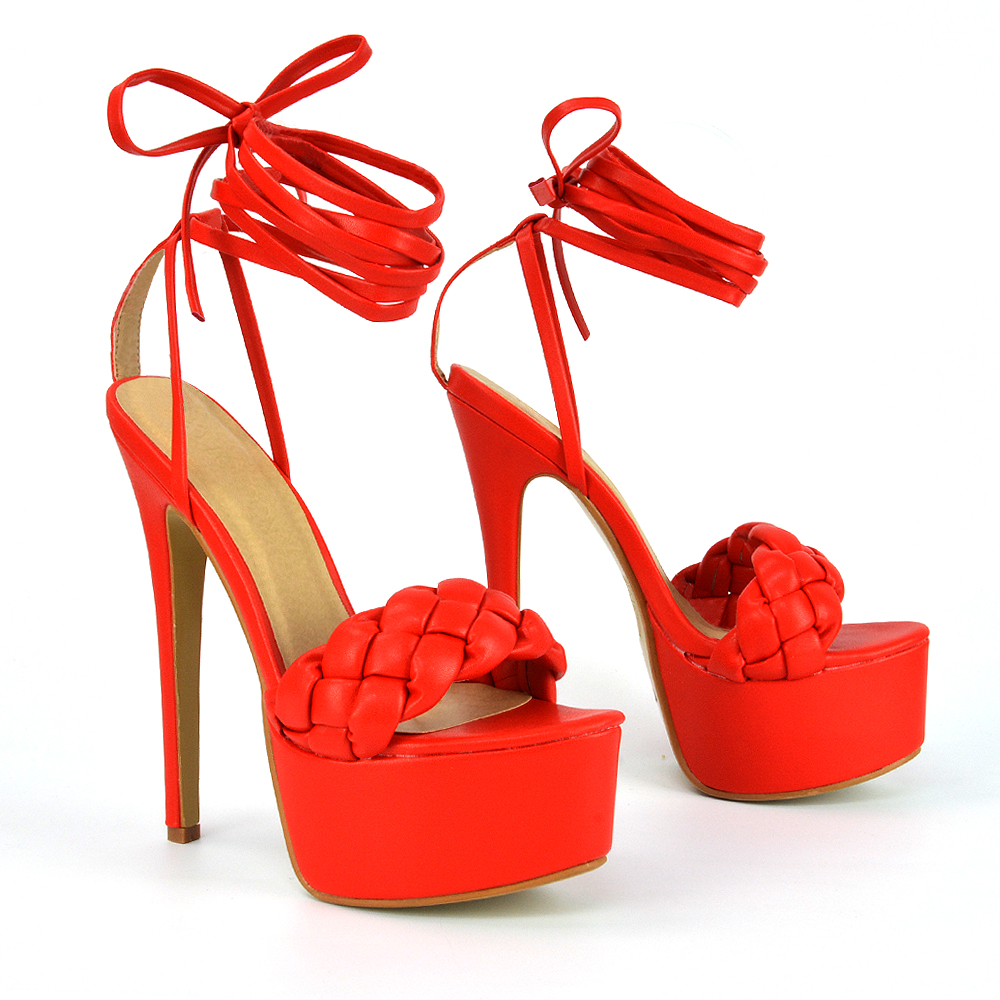 Yris Woven Strap Lace Up Platform Stiletto Heel In Red Synthetic Leather
