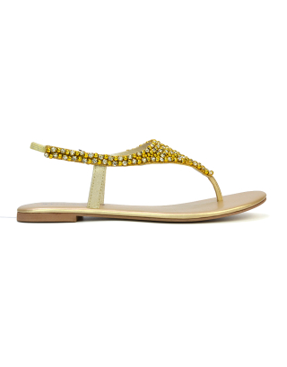 LAUREN DIAMANTE EMBELLISHED TOE POST STRAPPY SLINGBACK SPARKLY FLAT SUMMER SANDALS IN GOLD