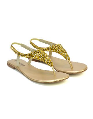 LAUREN DIAMANTE EMBELLISHED TOE POST STRAPPY SLINGBACK SPARKLY FLAT SUMMER SANDALS IN GOLD