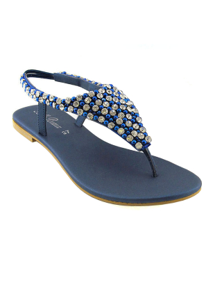 LAUREN DIAMANTE EMBELLISHED TOE POST STRAPPY SLINGBACK SPARKLY FLAT SUMMER SANDALS IN NAVY
