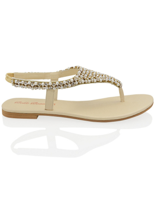 LAUREN DIAMANTE EMBELLISHED TOE POST STRAPPY SLINGBACK SPARKLY FLAT SUMMER SANDALS IN NUDE