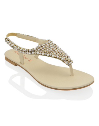LAUREN DIAMANTE EMBELLISHED TOE POST STRAPPY SLINGBACK SPARKLY FLAT SUMMER SANDALS IN NUDE