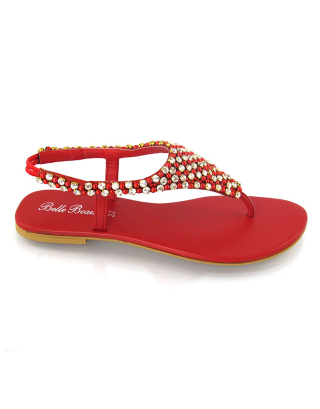 LAUREN DIAMANTE EMBELLISHED TOE POST STRAPPY SLINGBACK SPARKLY FLAT SUMMER SANDALS IN RED