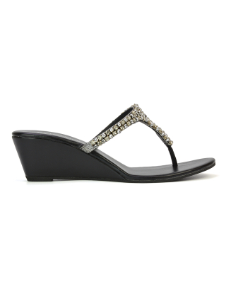 Logan Diamante Embellished Sparkly Statement Strappy Toe Post Thong Wedge Sandal High Heels in Black