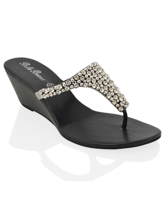 Logan Diamante Embellished Sparkly Statement Strappy Toe Post Thong Wedge Sandal High Heels in Black