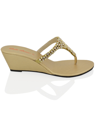 Logan Diamante Embellished Sparkly Statement Strappy Toe Post Thong Wedge Sandal High Heels in Gold