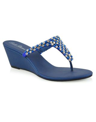 Logan Diamante Embellished Sparkly Statement Strappy Toe Post Thong Wedge Sandal High Heels in Navy