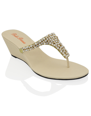 Logan Diamante Embellished Sparkly Statement Strappy Toe Post Thong Wedge Sandal High Heels in Nude