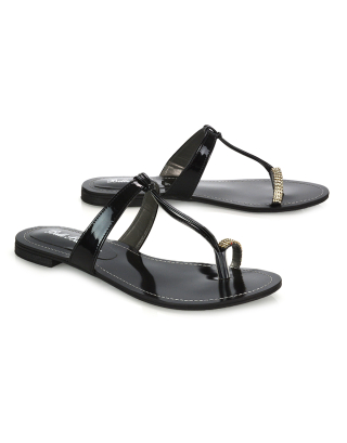Lala Flat Strappy Diamante Detail Toe Ring Slider Summer Sandals in Black Patent