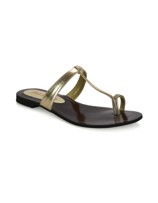 Lala Flat Strappy Diamante Detail Toe Ring Slider Summer Sandals in Gold Metallic