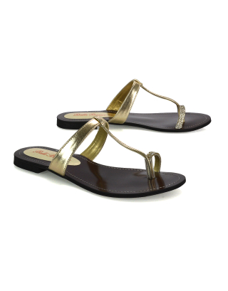 Lala Flat Strappy Diamante Detail Toe Ring Slider Summer Sandals in Gold Metallic