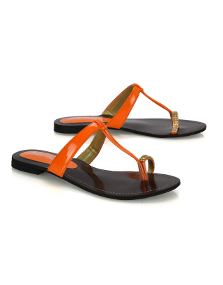 Lala Flat Strappy Diamante Detail Toe Ring Slider Summer Sandals in Orange
