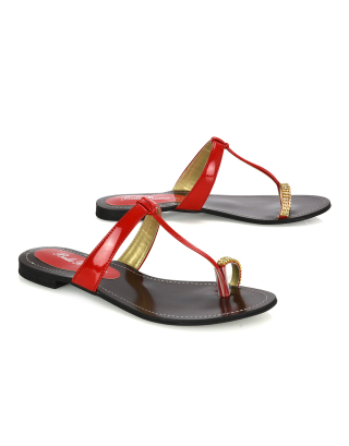 Lala Flat Strappy Diamante Detail Toe Ring Slider Summer Sandals in Red