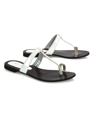 Lala Flat Strappy Diamante Detail Toe Ring Slider Summer Sandals in White