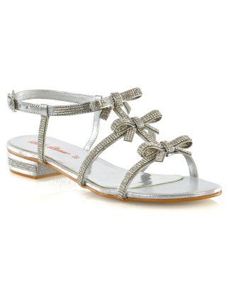 KENZIE LOW BLOCK HEEL BOW DETAIL SPARKLY DIAMANTE ANKLE STRAP FLAT SANDALS IN SILVER