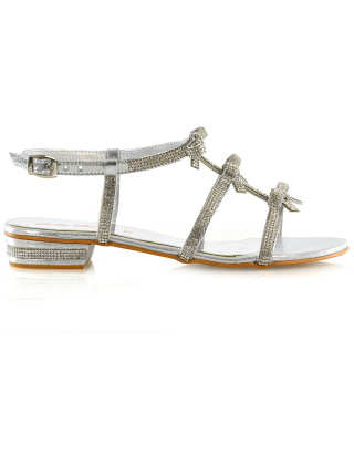 KENZIE LOW BLOCK HEEL BOW DETAIL SPARKLY DIAMANTE ANKLE STRAP FLAT SANDALS IN SILVER