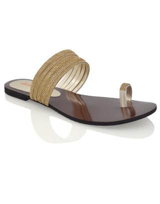 SKYE SLIP ON DAINTY SPARKLY STRAPPY TOE RING POST HIGH SHINE DIAMANTE FLAT SANDALS IN GOLD
