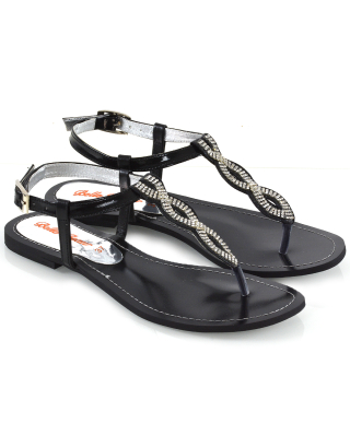 HOLLY DIAMANTE PLAITED DETAIL SPARKLY T-BAR STRAP TOE POST FLAT SUMMER SANDALS IN BLACK