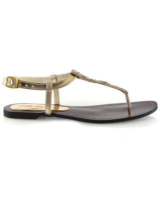 HOLLY DIAMANTE PLAITED DETAIL SPARKLY T-BAR STRAP TOE POST FLAT SUMMER SANDALS IN GOLD