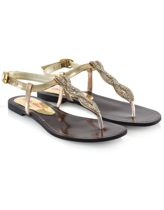 HOLLY DIAMANTE PLAITED DETAIL SPARKLY T-BAR STRAP TOE POST FLAT SUMMER SANDALS IN GOLD