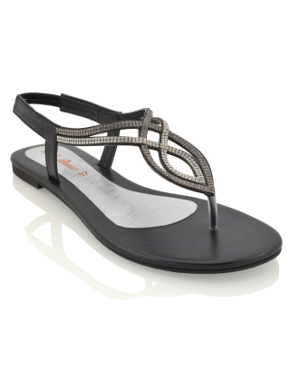 Arabella Diamante Detail Sling Back Strappy Low Heel Toe Post Flat Sandals for Women in Black