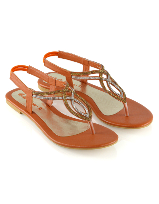 Arabella Diamante Detail Sling Back Strappy Low Heel Toe Post Flat Sandals for Women in Orange
