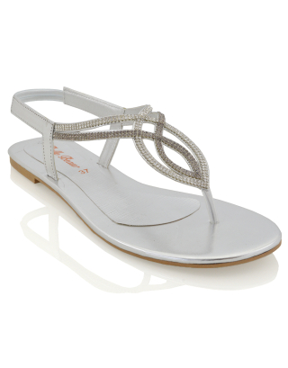 Arabella Diamante Detail Sling Back Strappy Low Heel Toe Post Flat Sandals for Women in Silver