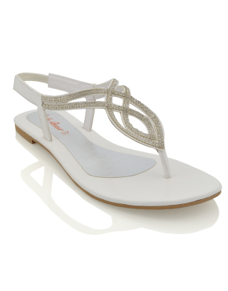Arabella Diamante Detail Sling Back Strappy Low Heel Toe Post Flat Sandals for Women in White