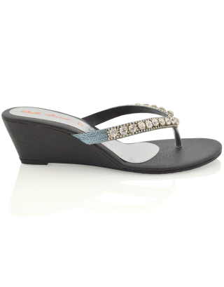 EVA THONG TOE POST STRAPPY SPARKLY GEM STONE DIAMANTE WEDGE SANDALS MID HEELS IN BLACK