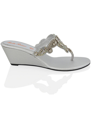 ELIJAH STRAPPY TOE POST THONG SLIP ON SHINY SPARKLY DIAMANTE WEDGE HIGH HEEL SANDAL IN SILVER