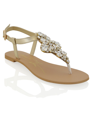 Coraline Ladies Toe Post T Bar Rhinestone Sparkly Diamante Flat Sandals in Gold