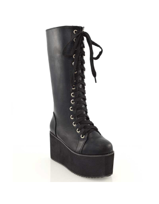 black platform boots, black lace up boots, black long boots