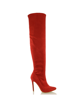 red boots, red heeled boots, red long boots 