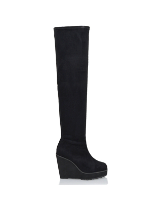 DALIA BLACK FAUX SUEDE ELASTICATED OVER THE KNEE THIGH HIGH WEDGE HEELED BOOTS