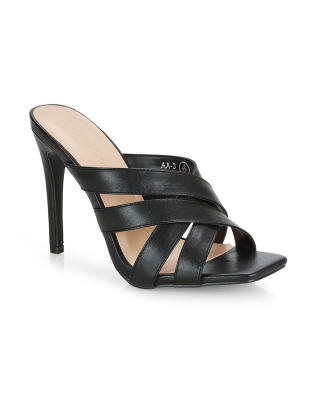 Katie Square Toe Cross over Strappy Stiletto High Heeled Mules in Black PU