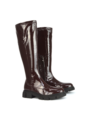 Wilma Chunky Cleated Sole Long Inside Zip-Up Flat Knee High Biker Boots In Brown Patent