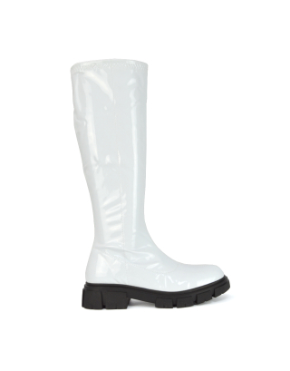 White Knee High Biker Boots, white boots, white long boots