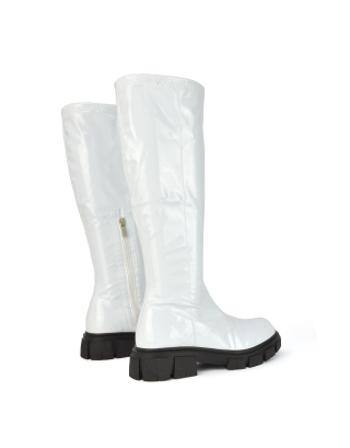 White Knee High Biker Boots, white boots, white long boots