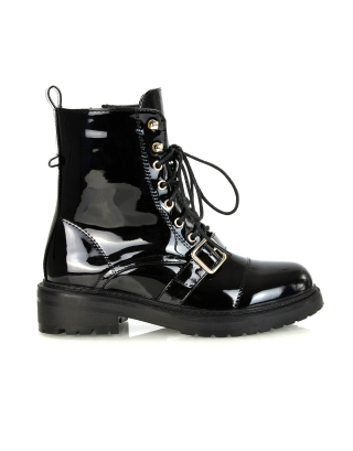 CHEYENNE BUCKLE STRAP ZIP-UP COMBAT CHUNKY LOW HEEL LACE UP ANKLE BIKER BOOTS IN BLACK PATENT