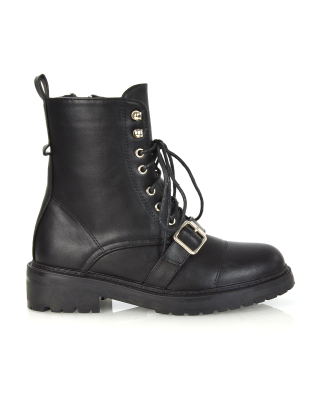 CHEYENNE BUCKLE STRAP ZIP-UP COMBAT CHUNKY LOW HEEL LACE UP ANKLE BIKER BOOTS IN BLACK PU