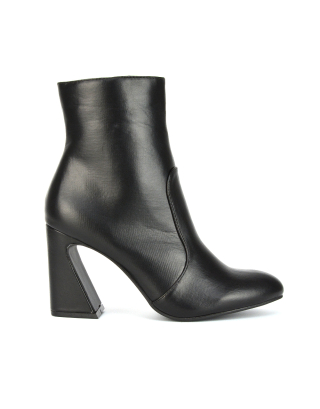 Davina Mid High Flared Sculptured Heel Zip-Up Ankle Boots in Black Synthetic Leather